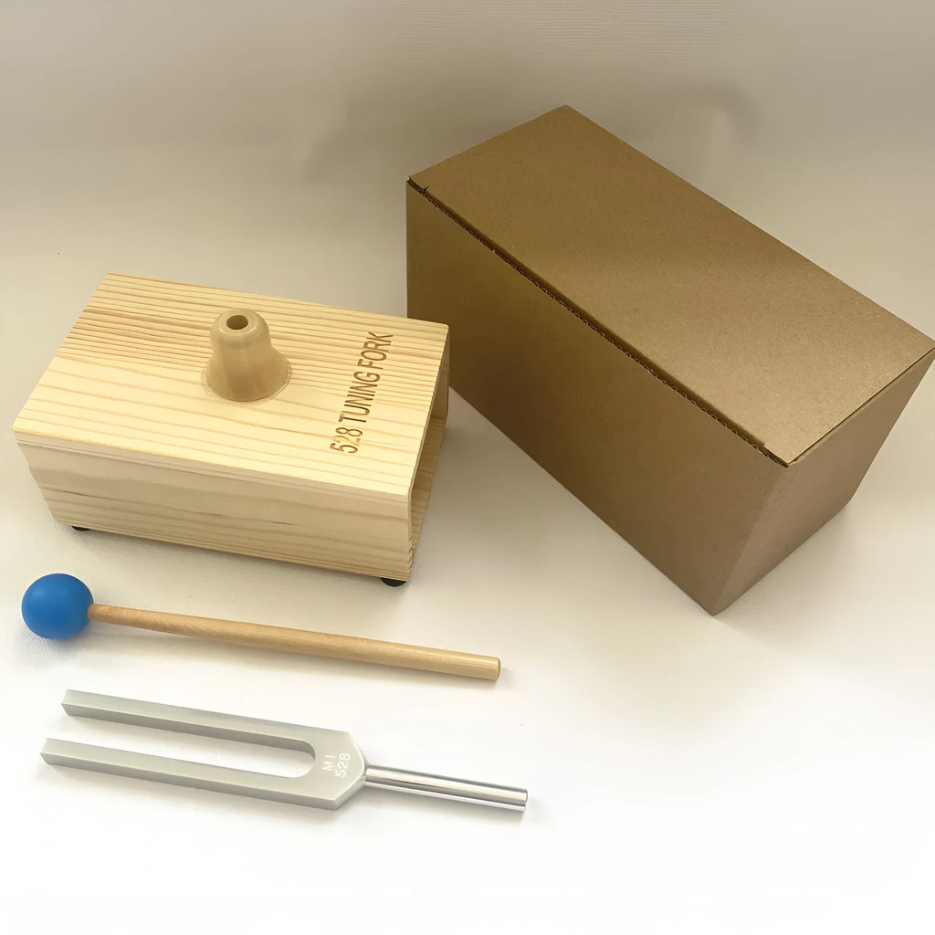 Aluminium alloy 432Hz tuning fork and speaker set for sound therapy in a kraft paper box.