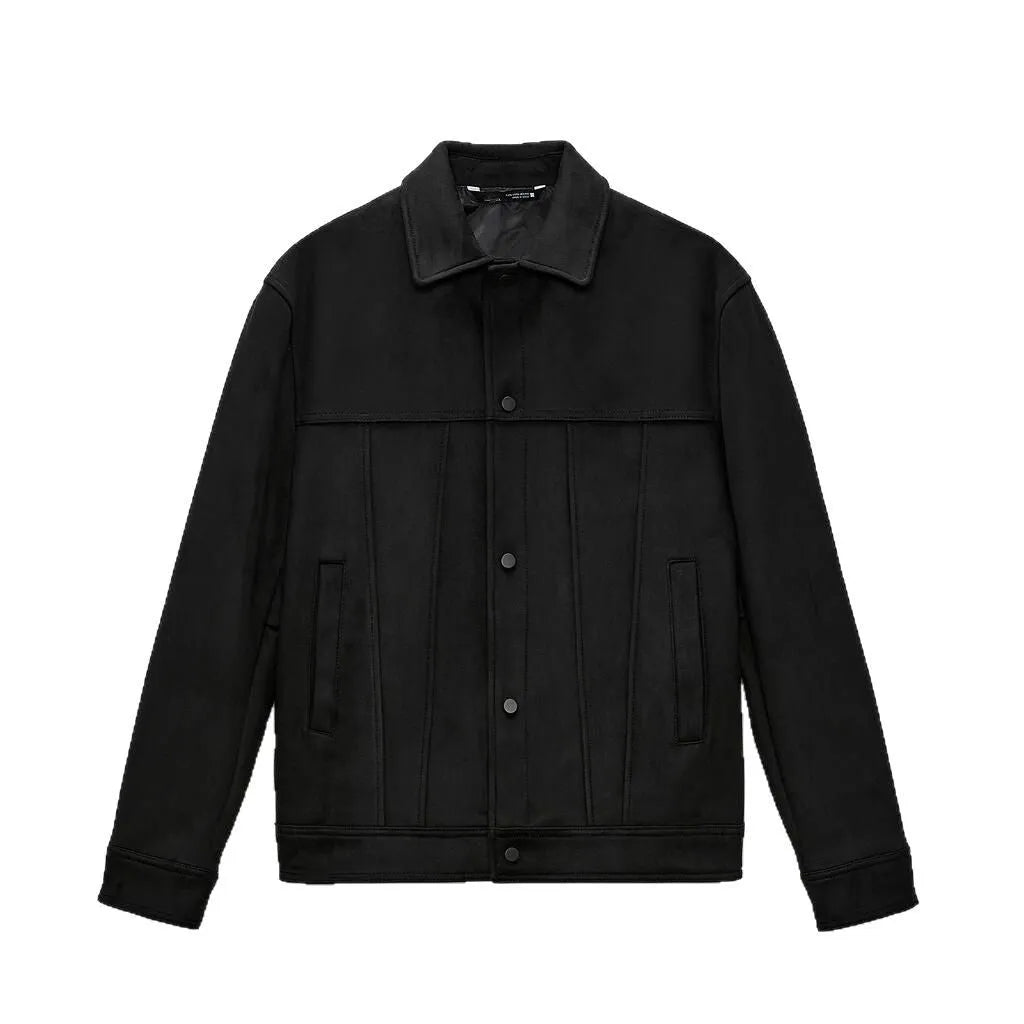 Men's black hooded jacket with a suede collar, side pockets, and a straight hem.