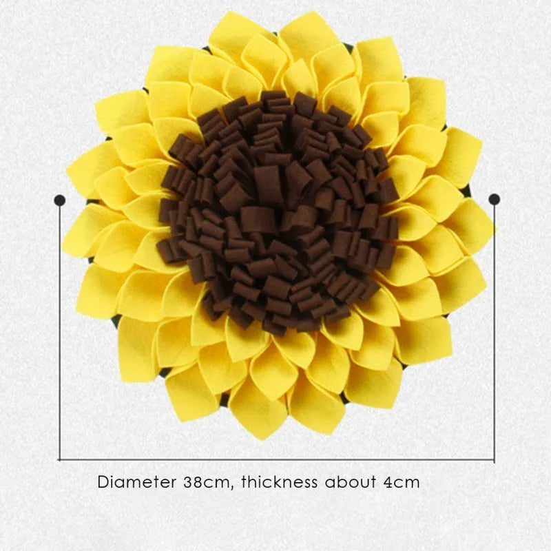 Yellow sunflower-shaped snuffle mat with layered fleece and felt strips for hiding dog treats