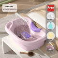 Pregnant woman lying in bed using shampoo pot with head pad and water pump, light pink colour