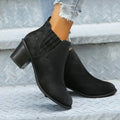 Women's black ankle boots with pointed toe, thick square heel and slip-on design