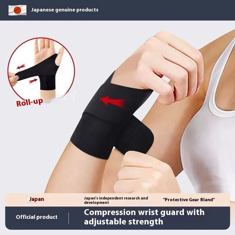 Adjustable athletic wristguard for sports like badminton and tennis, shown in black colour.