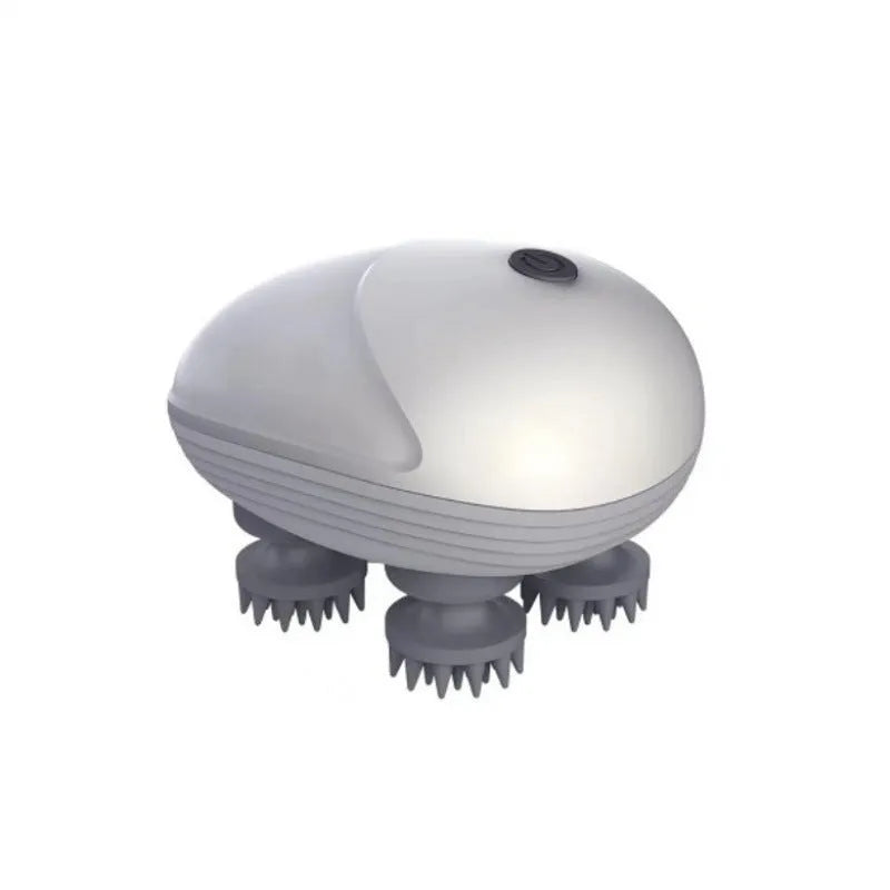 Blue electric handheld pet massager with four rotating heads on a white background.