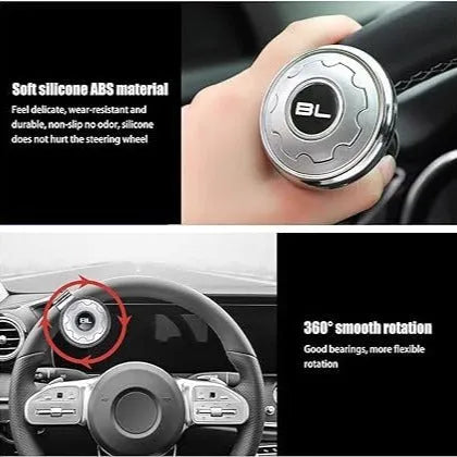 Metal universal steering wheel assist ball with steel ball bearing in silver finish mounted on a car steering wheel for one-handed control
