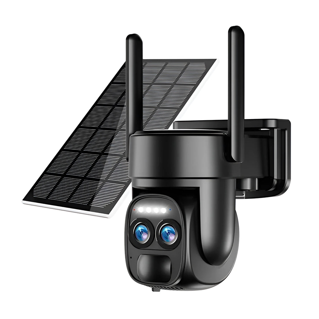 Solar powered surveillance camera with 8x zoom lens mounted on wall bracket