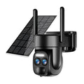 Solar powered surveillance camera with 8x zoom lens mounted on wall bracket