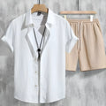 Men's casual Hawaiian outfit with 3D printed short sleeve shirt and matching elastic shorts in summer colours