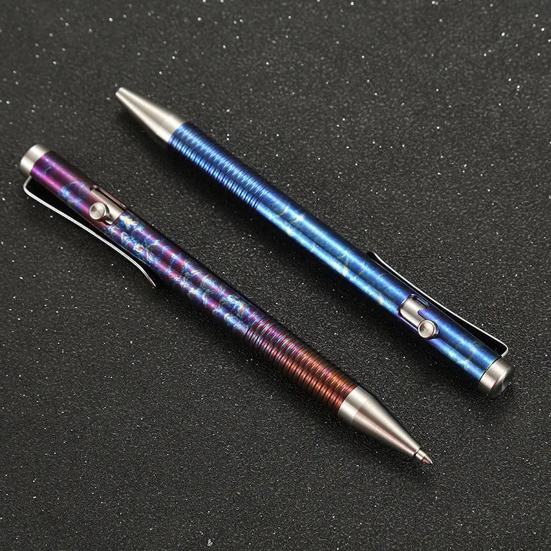 Titanium alloy gun bolt handle ball pen with magic colour phantom finish showing length and diameter