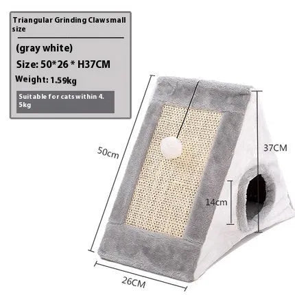 Grey and white triangle cat scratcher bed with sisal scratching surfaces and fur-lined sleeping area