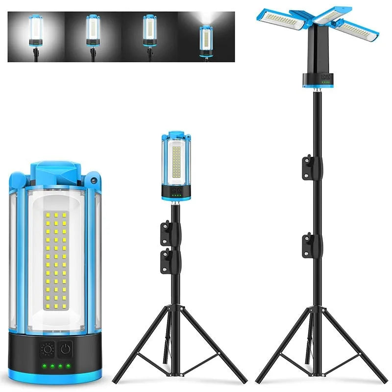 Blue outdoor multi-function work light with four-leaf fold design, LED lamp, and folding bracket