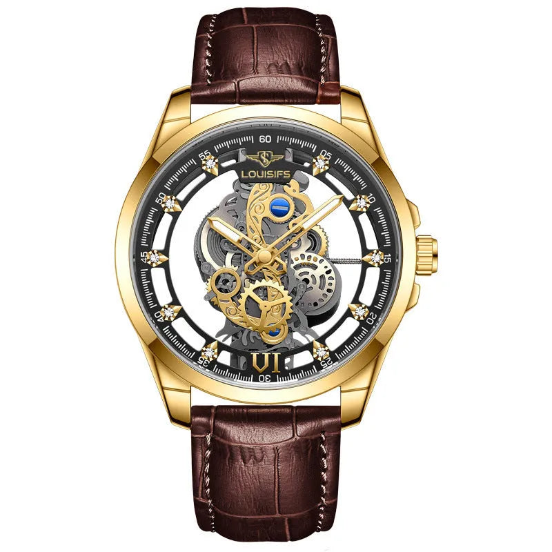 Swiss double-sided hollow men's quartz watch with leather strap and metal case