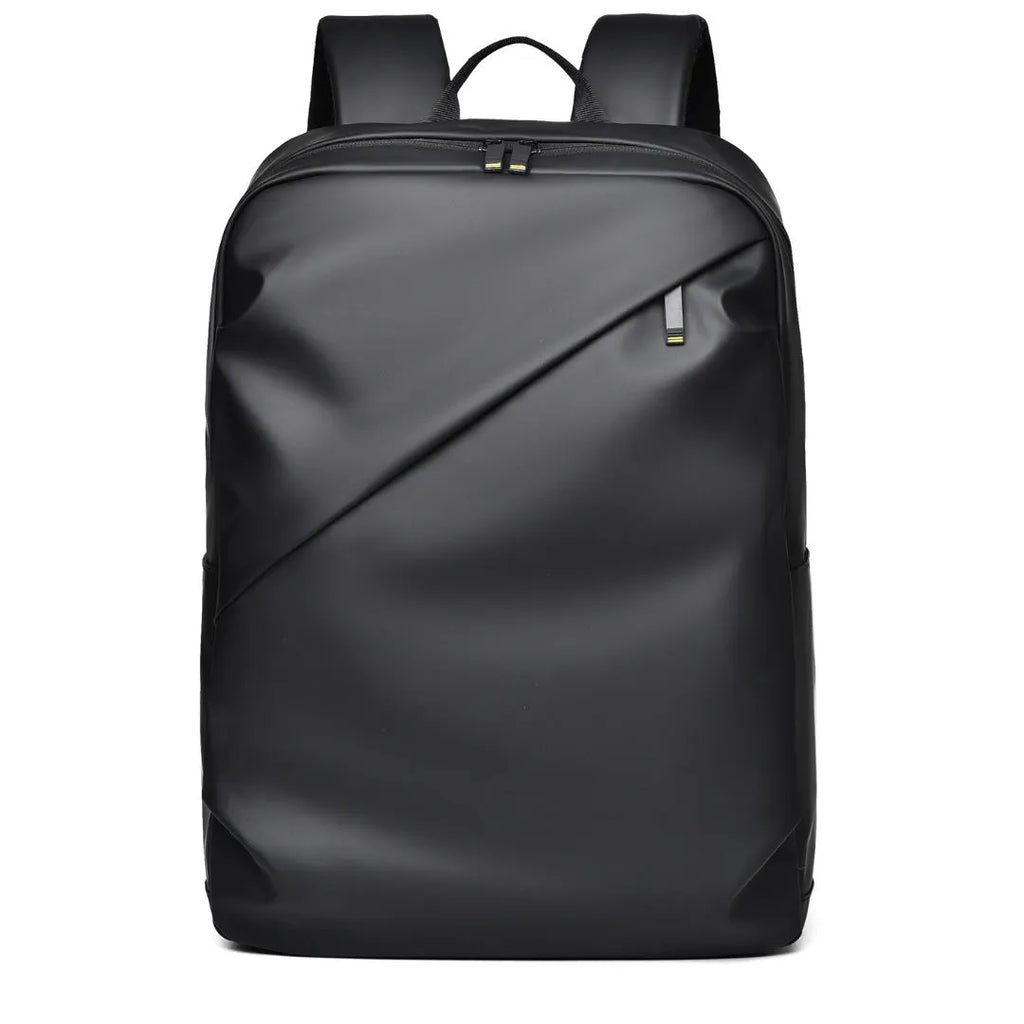 Waterproof PU leather men's backpack in black, blue and grey colour options showing large capacity design