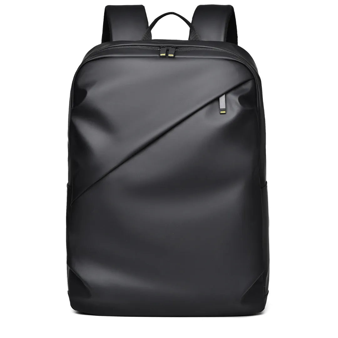 Waterproof PU leather men's backpack in black, blue and grey colour options showing large capacity design