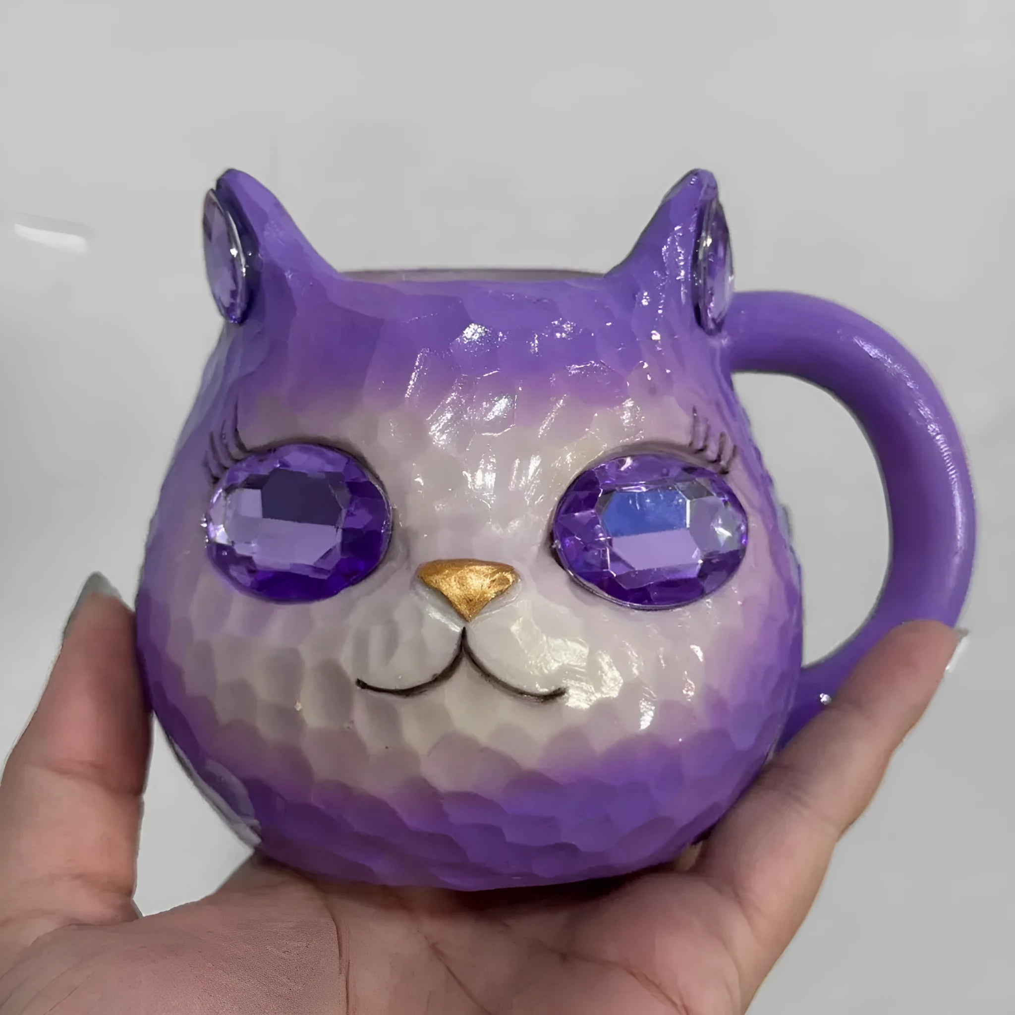 Crystal Earth Cat Cup resin decorative craft in blue, green, pink, or purple colour options