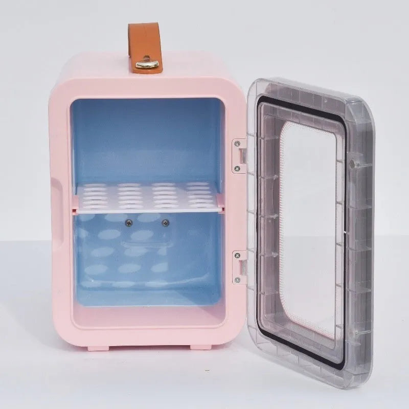 Pink beauty mini refrigerator with transparent door showing contents inside, 6L capacity hot and cold dual-use