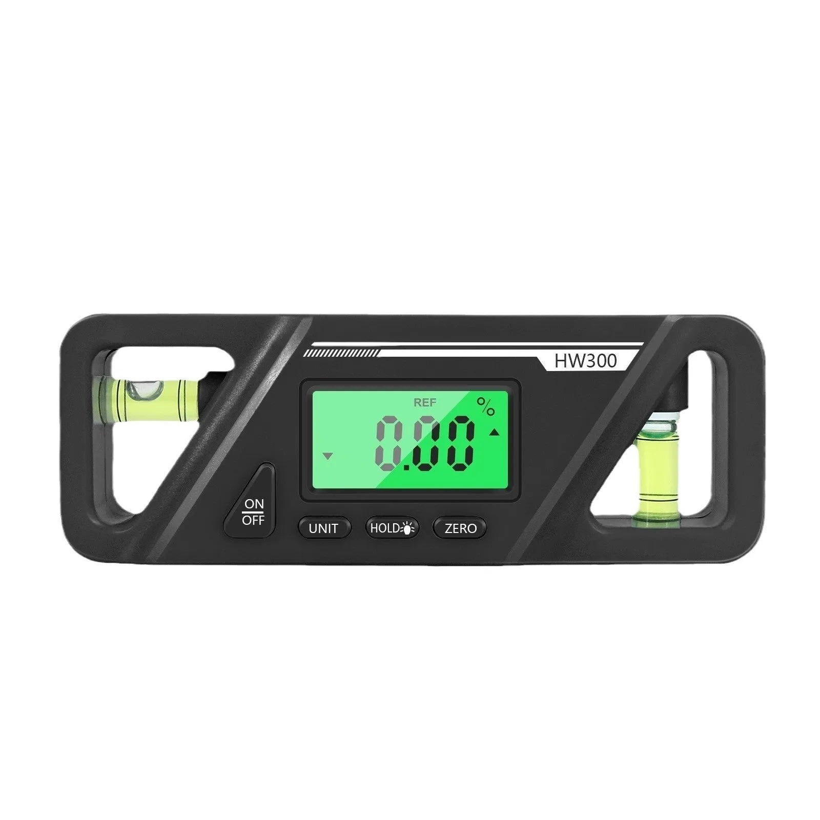 Digital magnetic inclinometer angle gauge showing display, placed on a metal surface.