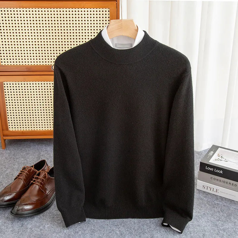 Man wearing a loose-fit half-collar wool sweater in a winter business casual style.