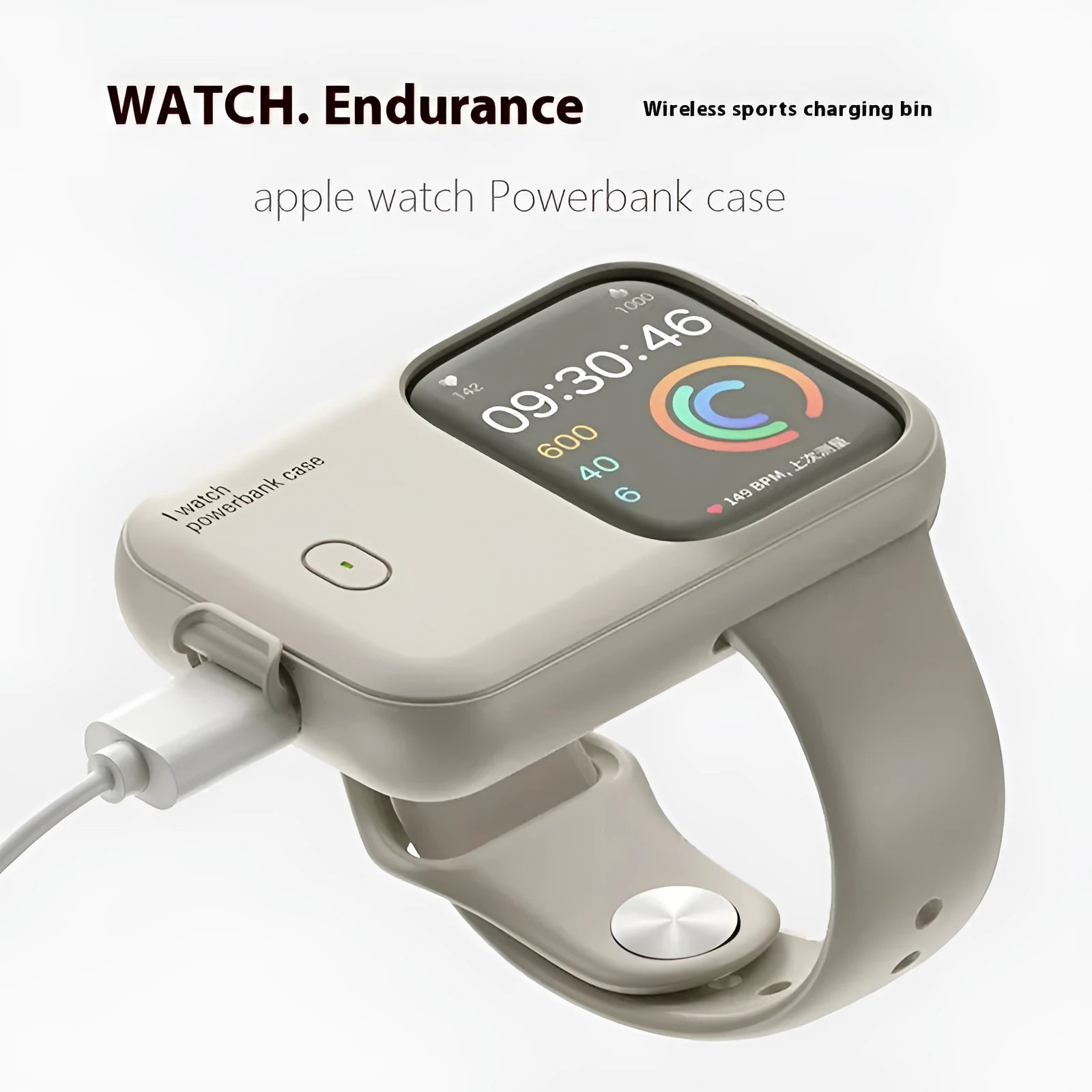 Apple Watch portable wireless charging case with silicone cover, shown next to 44mm watch