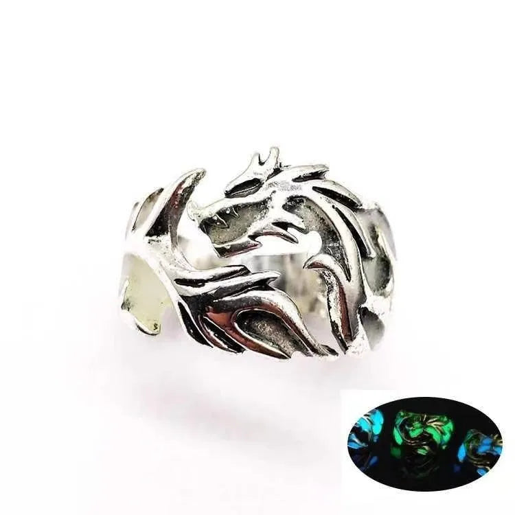 Adjustable Chinese dragon pattern ring showing antique silver blue electroplated finish