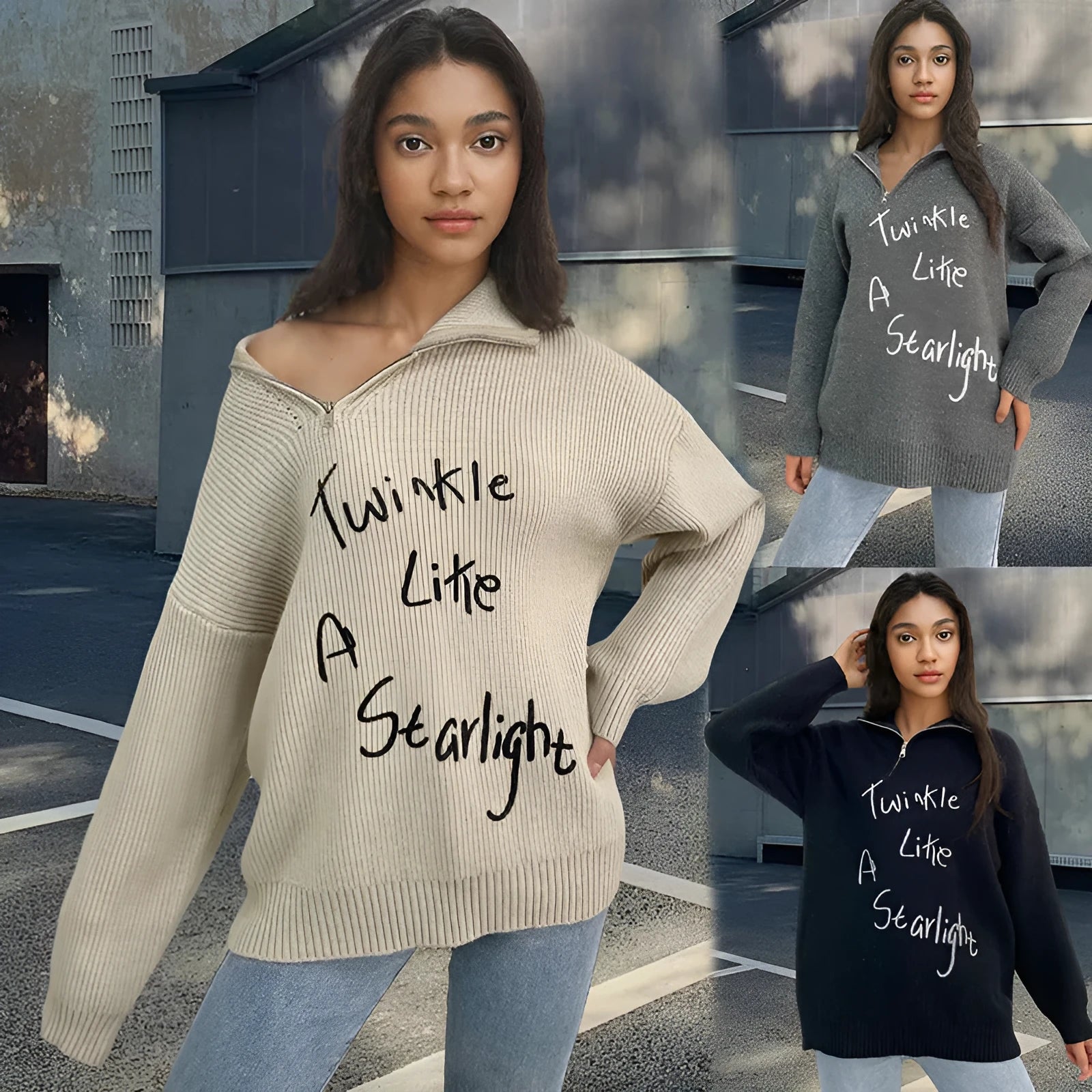 Women's grey alpaca wool blend pullover sweater with diagonal zip and turtleneck