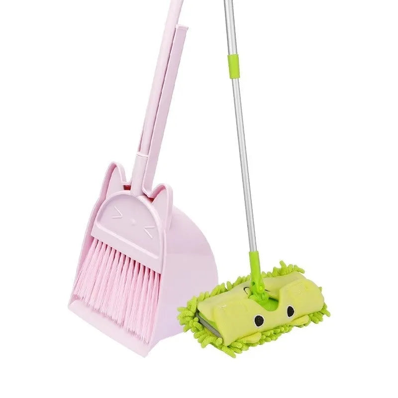 Broom and dustpan set with rotating head and non-stick holder in beige, green, and purple colours