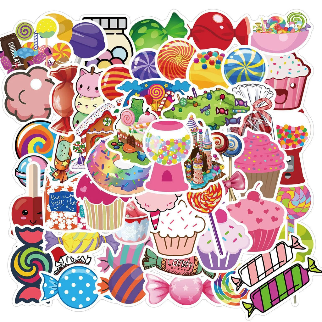 50 colourful candy series graffiti stickers with cartoon designs on sheets