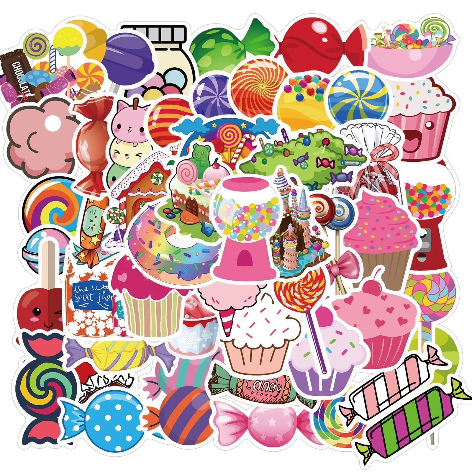 50 colourful candy series graffiti stickers with cartoon designs on sheets