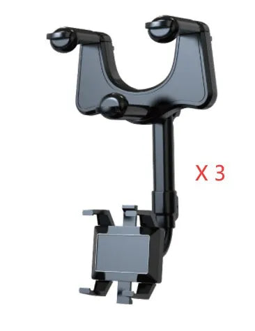 Black rearview mirror car phone holder showing 360-degree rotation and retractable arm extended.