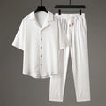 Casual men's Chinese style two-piece set with short-sleeved top and trousers in polyester with wool lining, white suit colour option