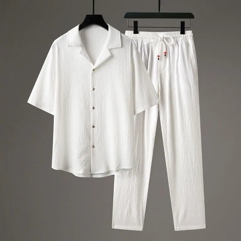 Casual men's Chinese style two-piece set with short-sleeved top and trousers in polyester with wool lining, white suit colour option