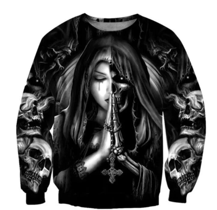 Hooded sweatshirt with 3D Halloween anime skull graphic in casual long sleeve design
