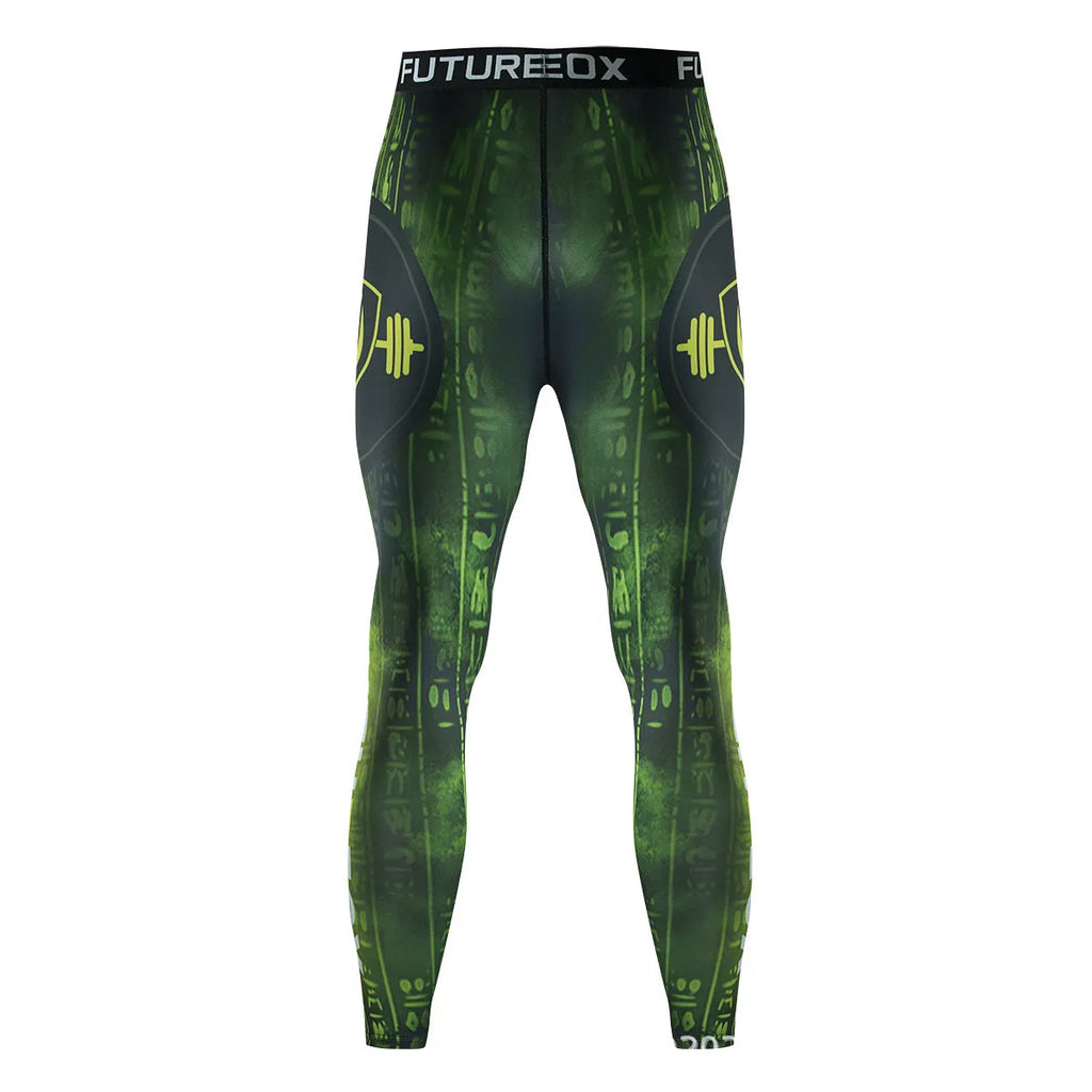 Grey printed men's slim-fit long sleeve sports top and matching trousers set for gym and running.