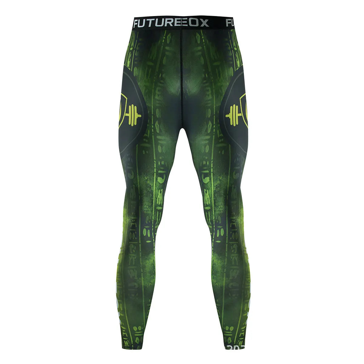 Grey printed men's slim-fit long sleeve sports top and matching trousers set for gym and running.