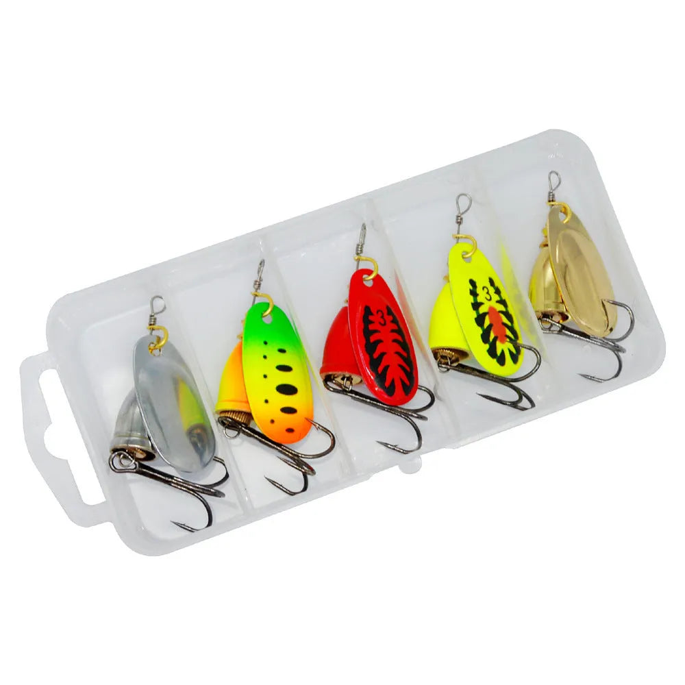 R composite rotating sequins copper bell metal fishing lure in multiple colour options on a tackle box.