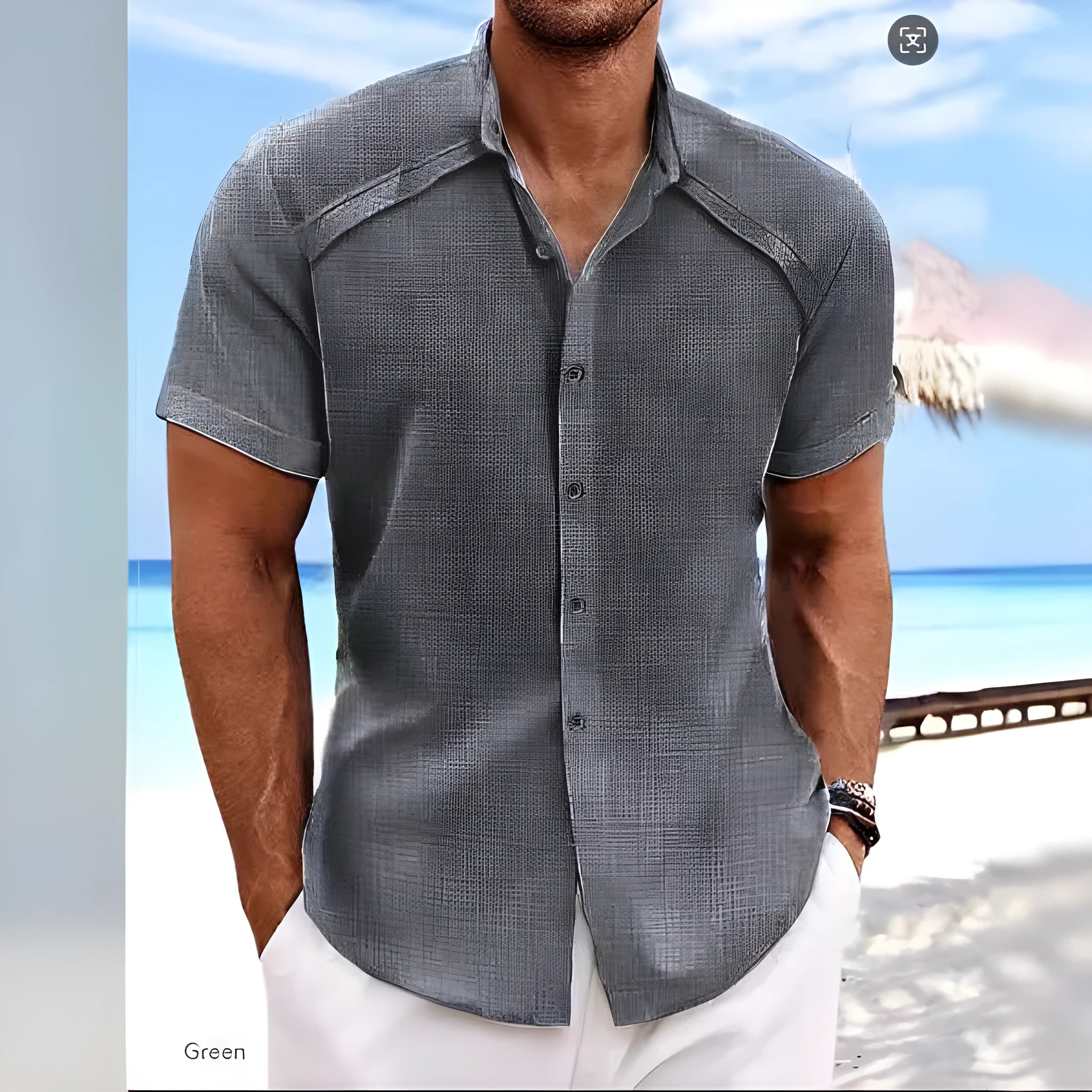 Hawaiian casual short sleeve solid colour shirt in cotton blend fabric, showing collage stitching details, available in multiple colours like Navy Blue