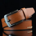 Men's black threading pattern casual belt with alloy pin buckle, laid flat showing 110cm length