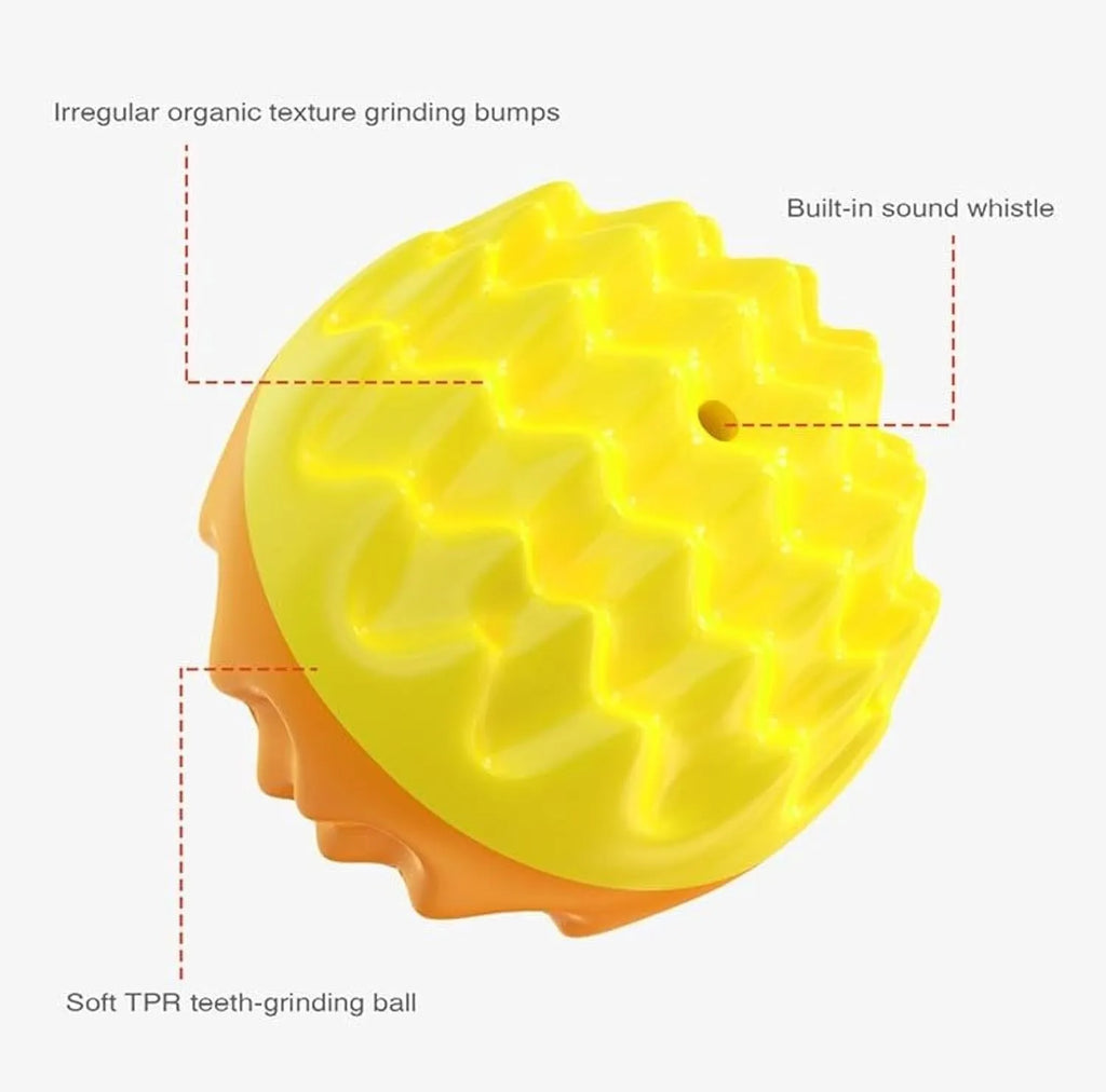 Blue and orange squeaky rubber dog ball with spiky dental cleaning bumps for aggressive chewers