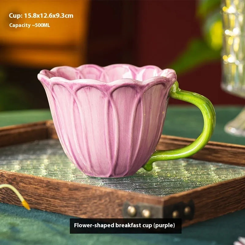 500ml pastoral style ceramic breakfast cup with a printed household flower pattern