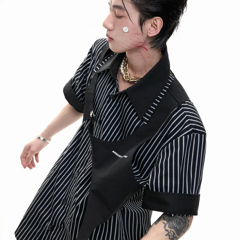 Men's cotton striped shirt with double collar design in silver Sapporo black and white colour options