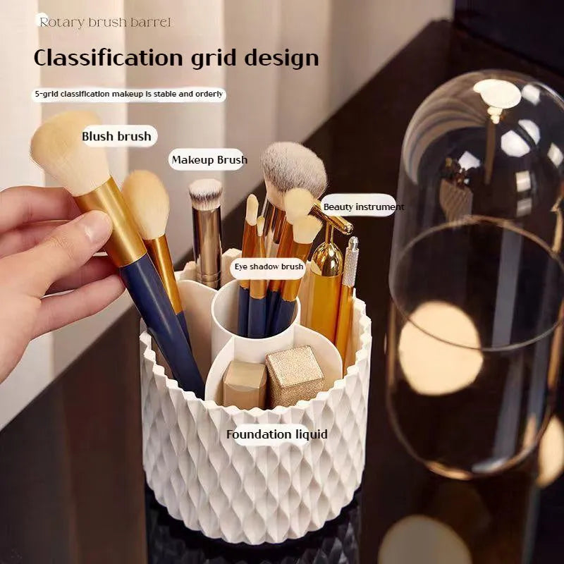 Transparent rotating makeup brush storage box with white accents and removable dust-protecting lid