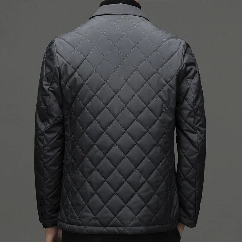 Men's solid colour down jacket with cardigan lapel and side seam pockets in winter setting