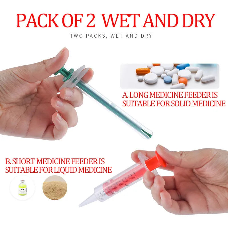 Two silica gel pet pill shooters with soft tips for administering medicine to cats and dogs.