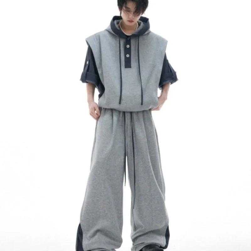 Men's black heavy industry sports leisure suit with hooded three-dimensional stitching short sleeve jacket and matching trousers