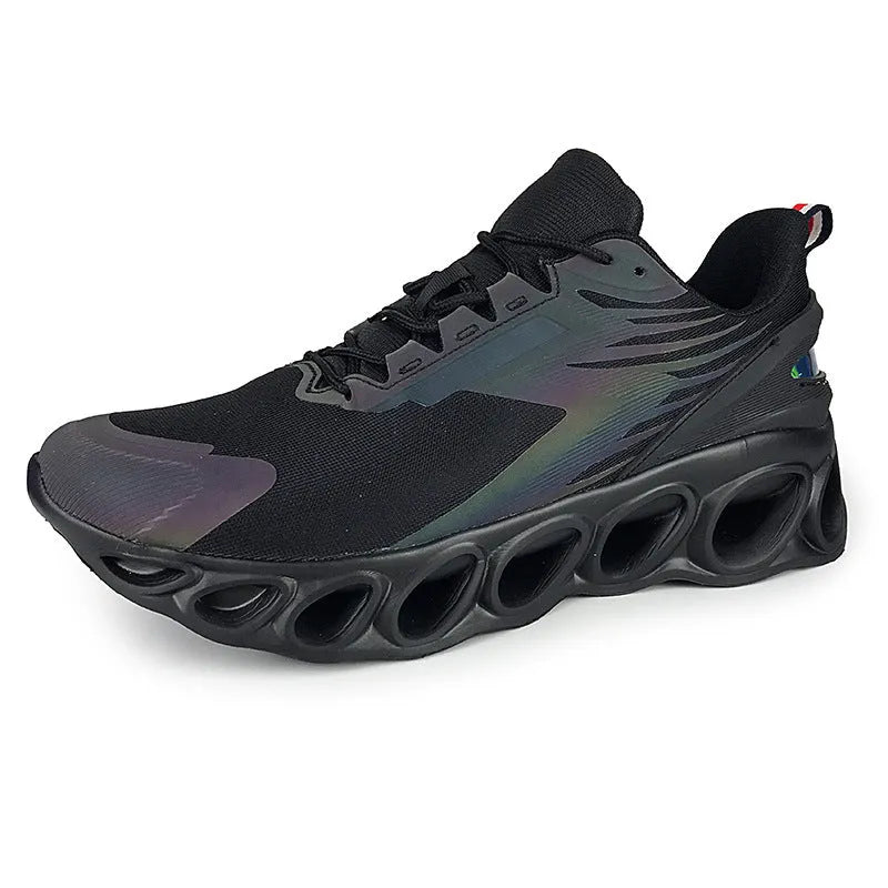 Men's low-top casual shoes in black with breathable mesh upper and lace-up front.