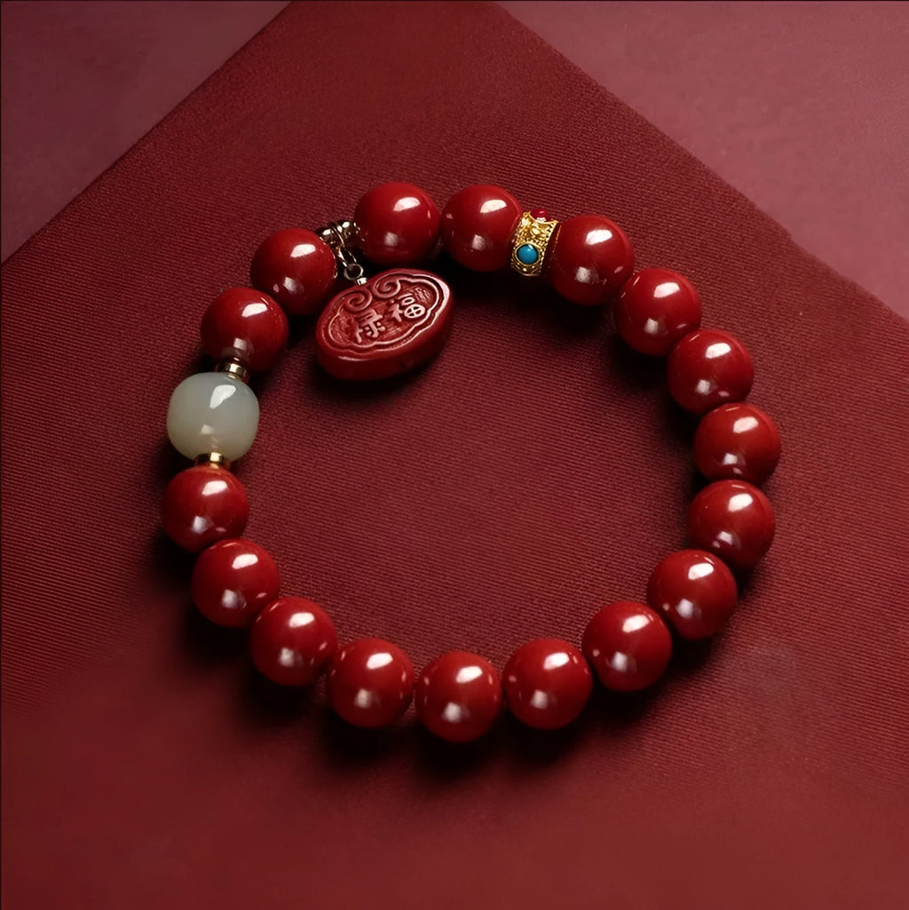 Natural cinnabar bracelet with Emperor sandstone bead in Ping An Fu Lu design, 8mm or 10mm size options
