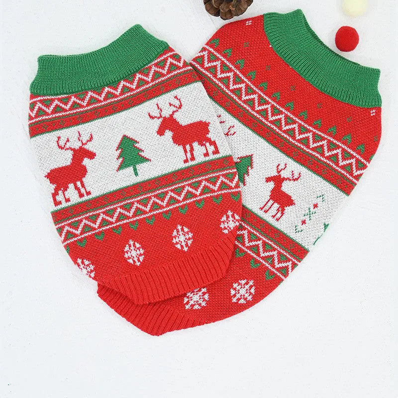 Red wool pet sweater with Snow Elk Christmas design on a white background