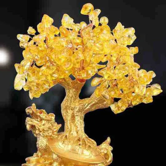 Citrine coloured resin Feng Shui money tree ornament with small water turtle design