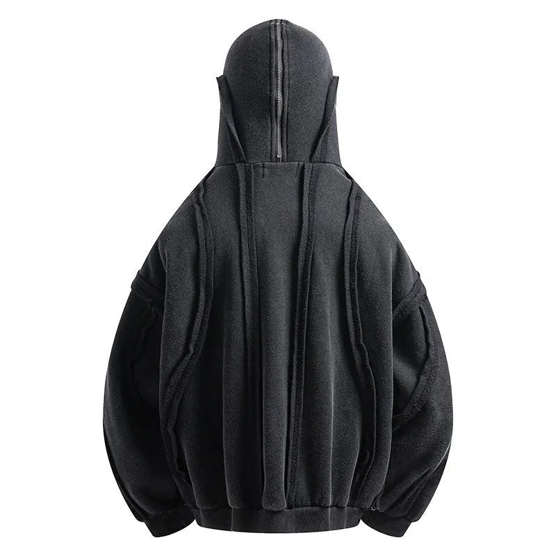 Black loose-fit cotton padded hooded coat with an abstract pattern, front zip, and cardigan style.