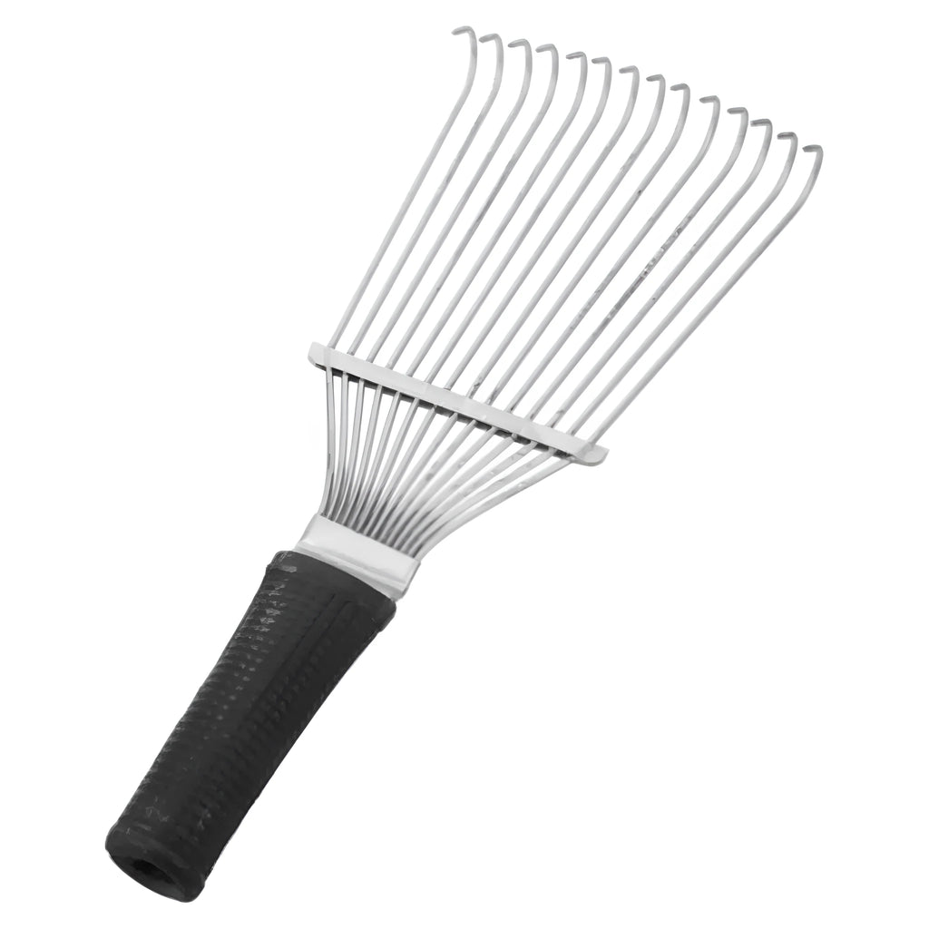 Stainless steel dematting brush rake for grooming horses and pets on a wooden surface.
