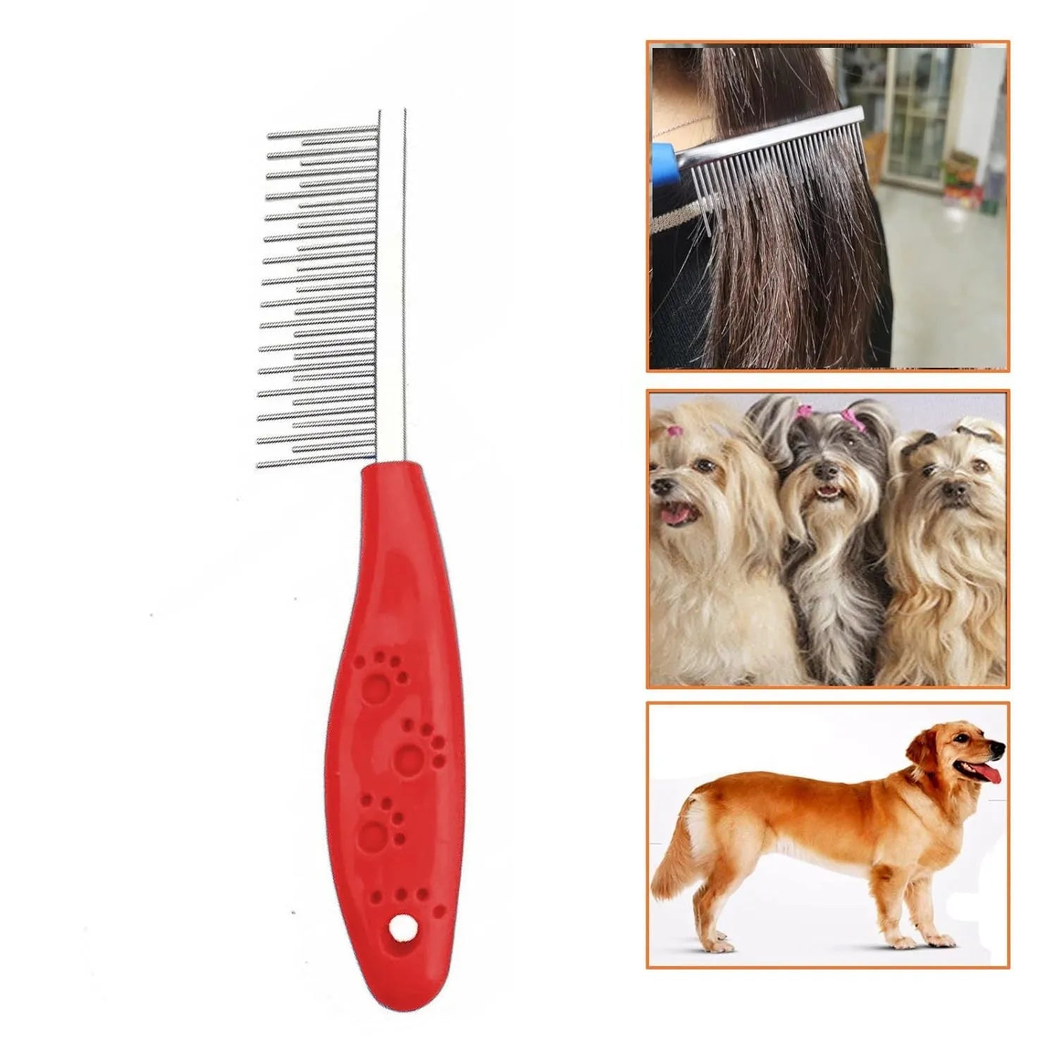Red plastic handle pet grooming comb with stainless steel short and long teeth for dematting